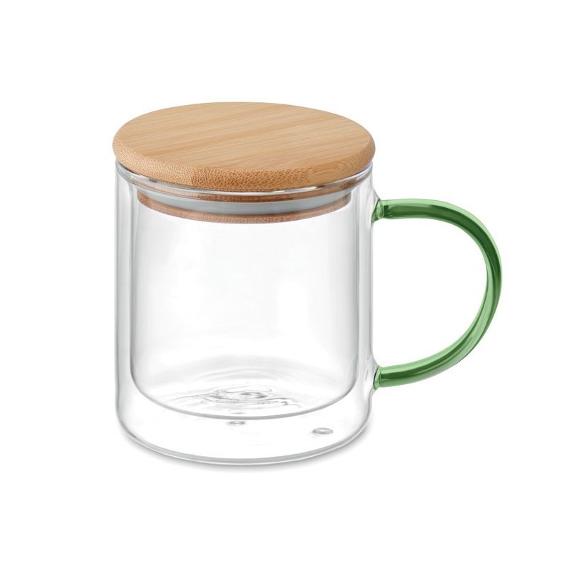 Tasse publicitaire en verre double paroi avec couvercle "FARBI" Tasse publicitaire en verre double paroi avec couvercle "FARBI"