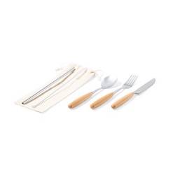 Set de 3 couverts et paille personnalisables sous étui coton "BASUKY"