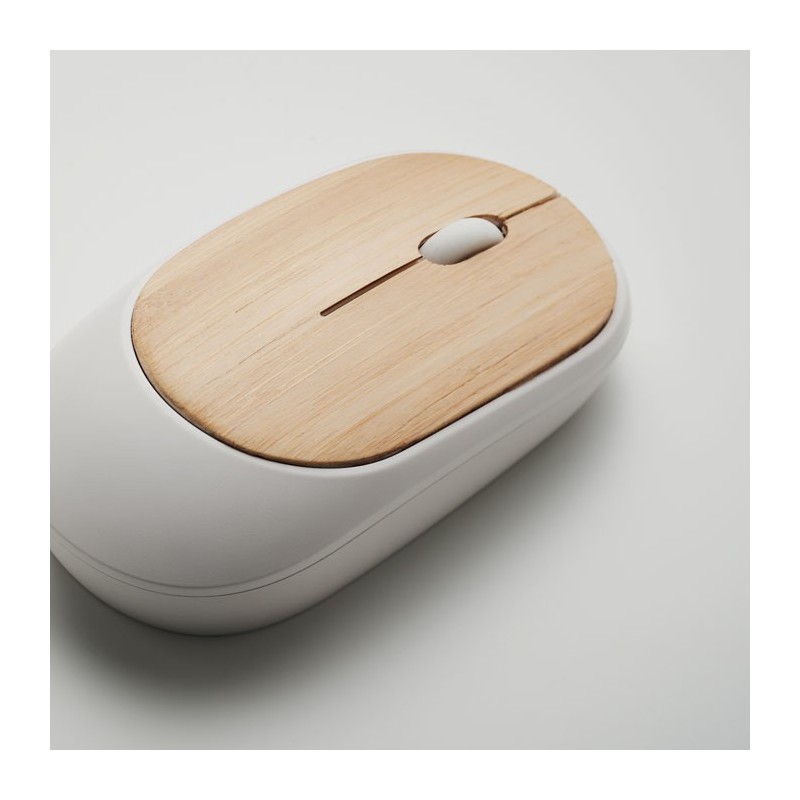 Souris publicitaire sans fil en plastique recyclé et bambou "CURVY BAM Souris publicitaire sans fil en plastique recyclé et bambou "CURVY BAM