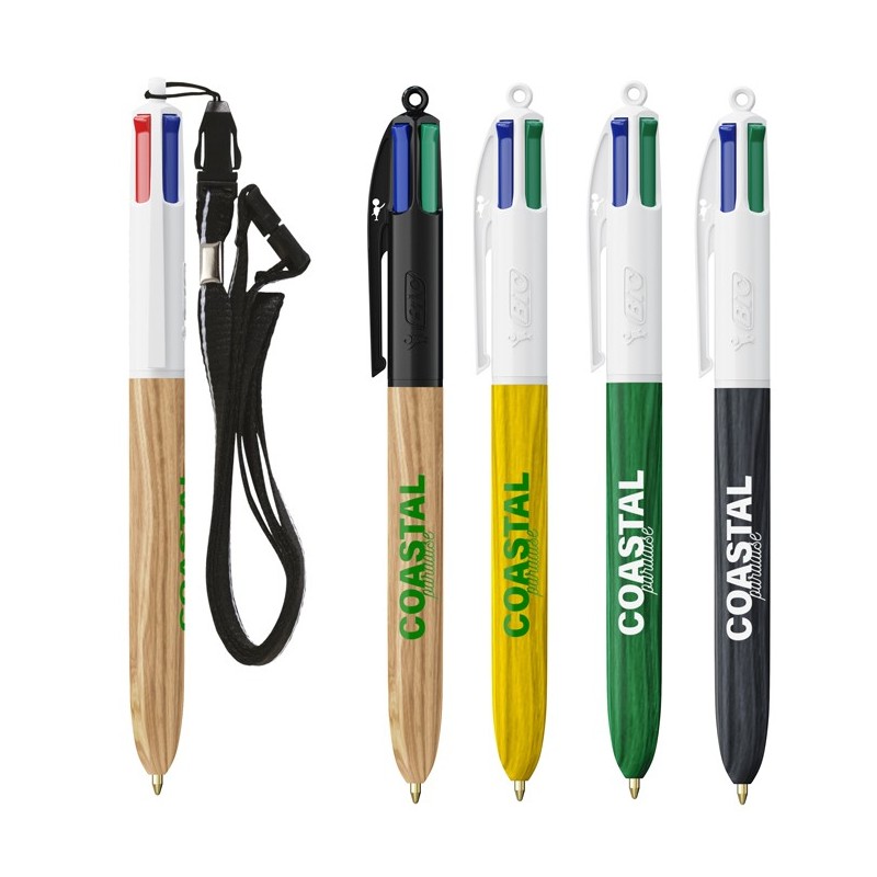 BIC® publicitaire 4 Couleurs avec effet bois, avec tour de cou noir