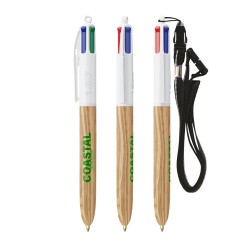 BIC® publicitaire 4 Couleurs avec effet bois, avec tour de cou noir
