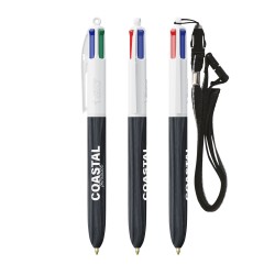 BIC® publicitaire 4 Couleurs avec effet bois, avec tour de cou noir