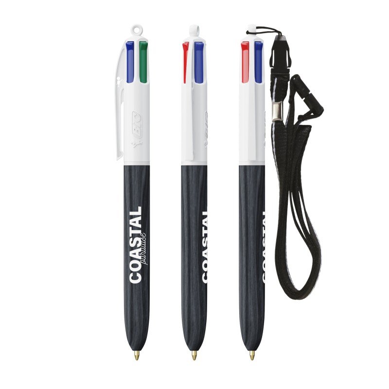 BIC® publicitaire 4 Couleurs avec effet bois, avec tour de cou noir