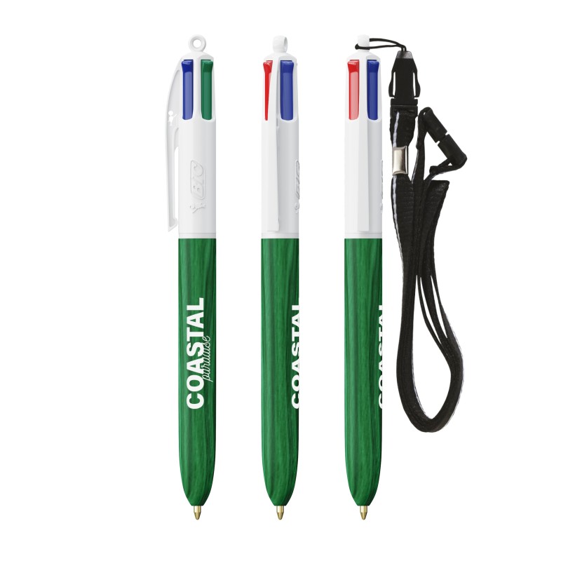 BIC® publicitaire 4 Couleurs avec effet bois, avec tour de cou noir